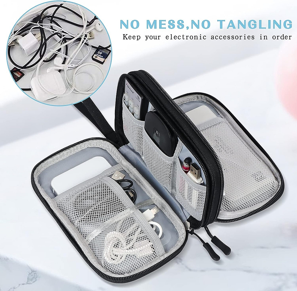 FYY Travel Cable Organizer Pouch Electronic Accessories Carry Case Portable Waterproof Double Layers All-in-One Storage Bag for Cord, Charger, Phone, Earphone Black